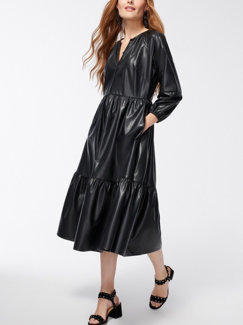 Chico’s Midi Dress Pleather Tiered Dress Black Size 6NWT - Picture 5 of 11